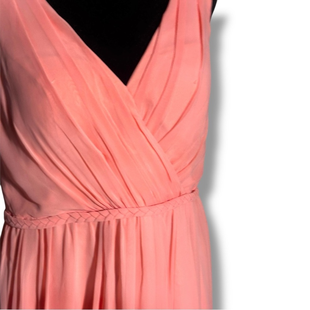 Azazie Coral Pink V-neck and Back High Slit Braided Waist Sleeveless Maxi Dress - Picture 6 of 16